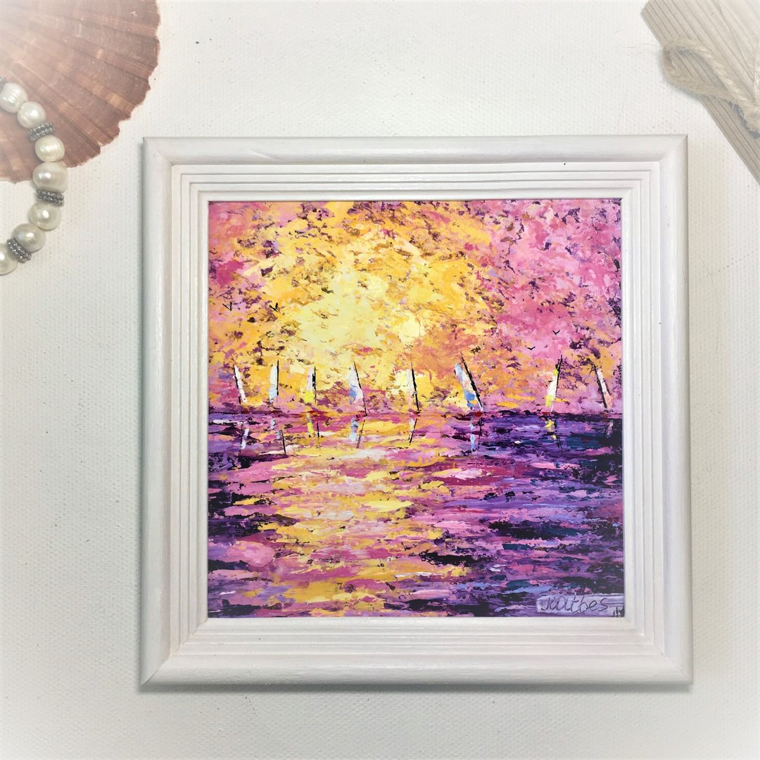 Sailboat Painting Original Seascape Miniature Landscape Small Painting Wall Art - 墙贴/壁贴 - 纸 紫色