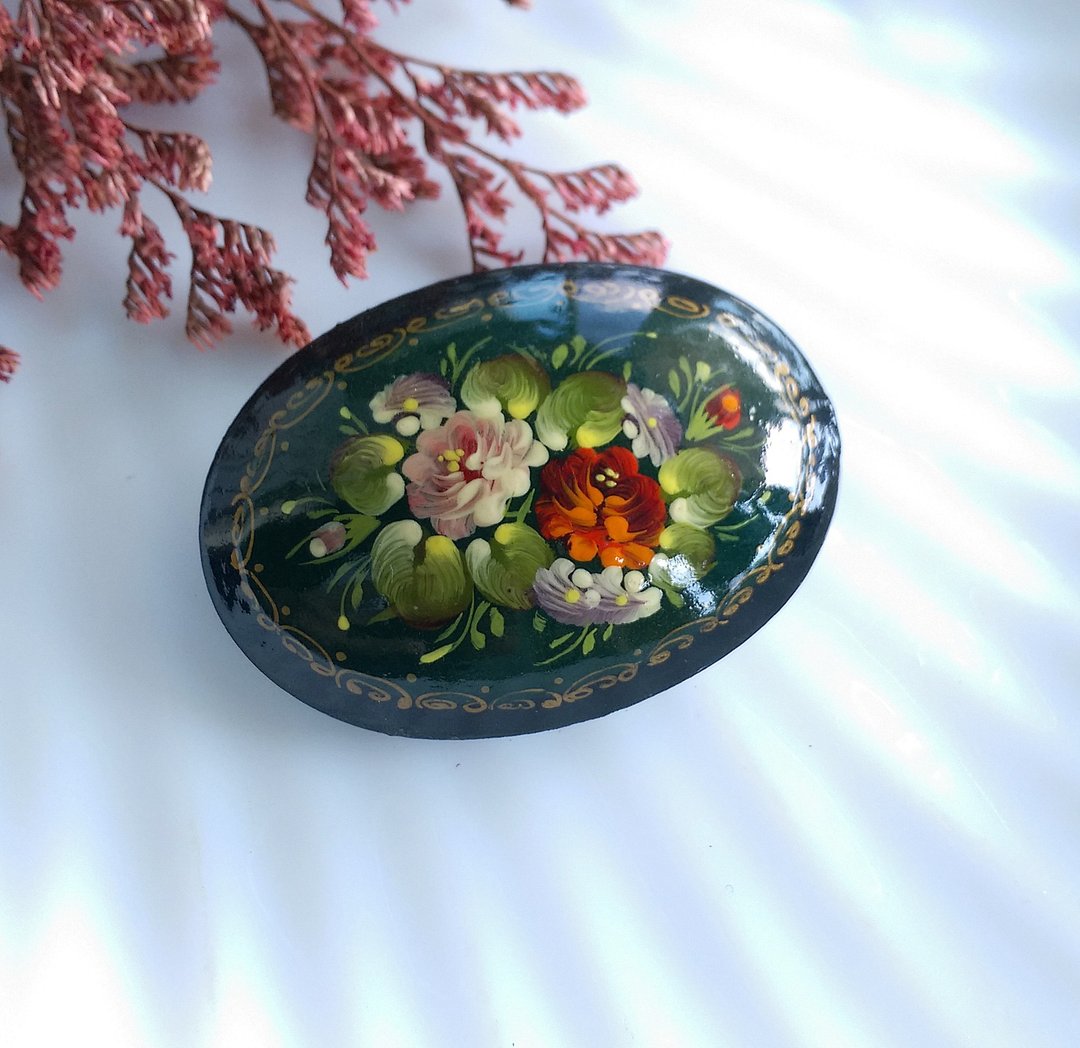 【美国西洋古董饰品】俄罗斯手绘 花卉 别针  胸针 - 徽章/别针 - 其他材质 金色