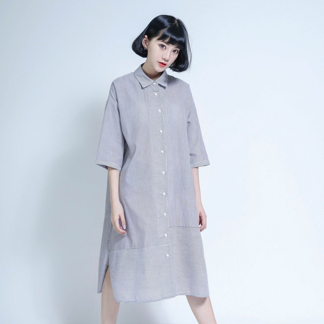 SU:MI said Essence 本质条纹衬衫洋装_6AF100_深灰/白 - 洋装/连衣裙 - 棉 灰色