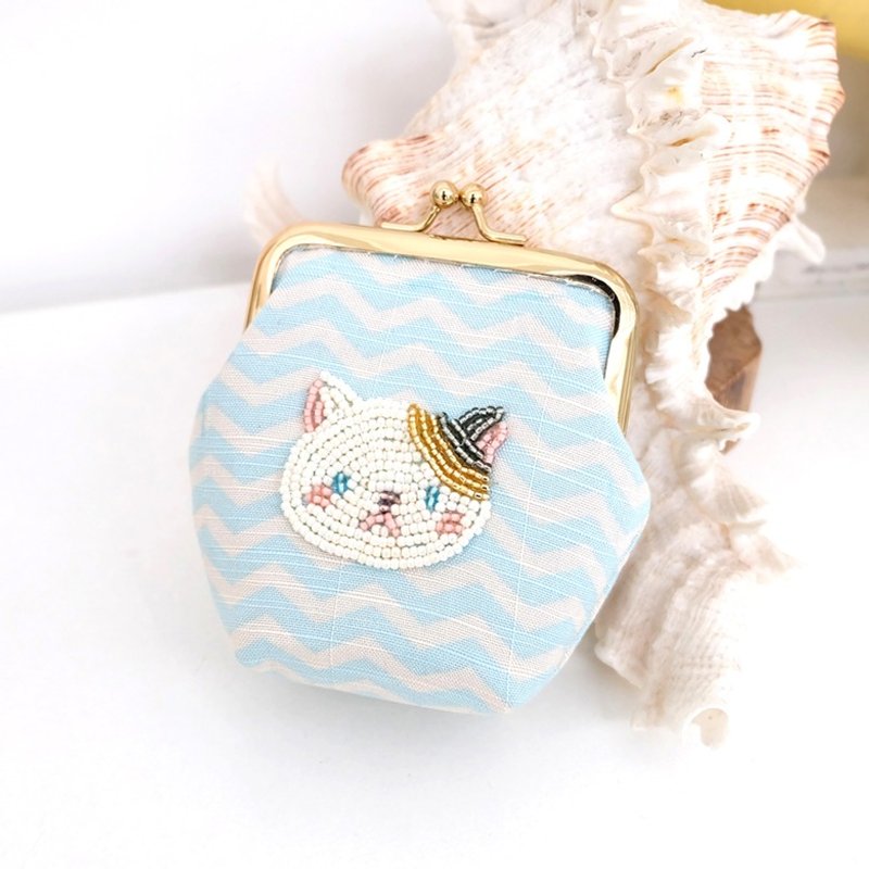 手工珠绣猫咪零钱包handmade口金包 - 皮夹/钱包 - 棉．麻 蓝色