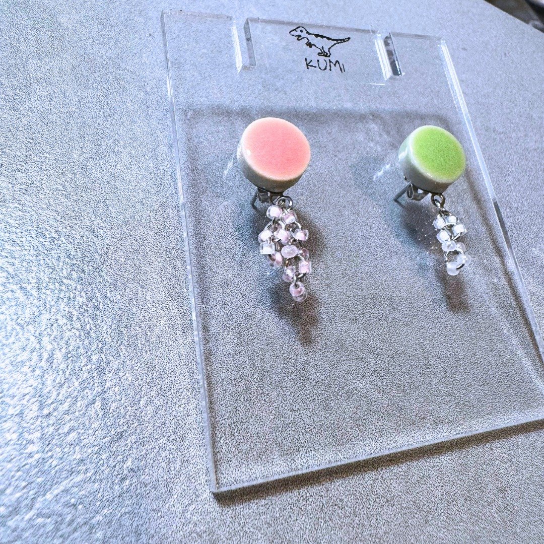 粉绿色美浓烧耳环 - 耳环/耳夹 - 其他材质 多色