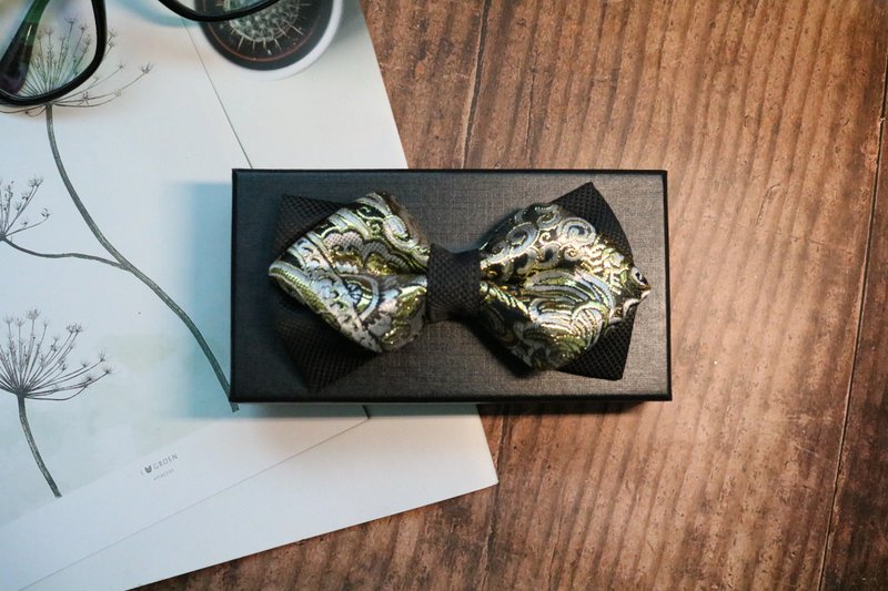 黑色金絲竹影鑽石結雙層婚宴新郎真絲領結 - 领带/领带夹 - 丝．绢 多色