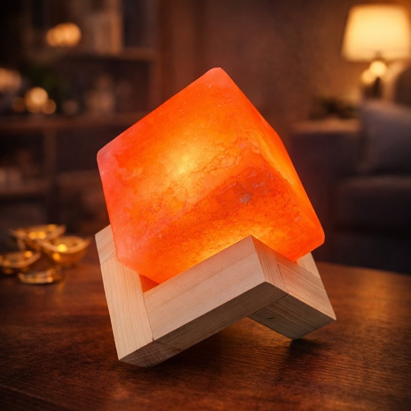 北欧方形天然玫瑰盐灯 原木底座 USB供电 小夜灯 办公室 疗愈质感 - 灯具/灯饰 - 其他材质 