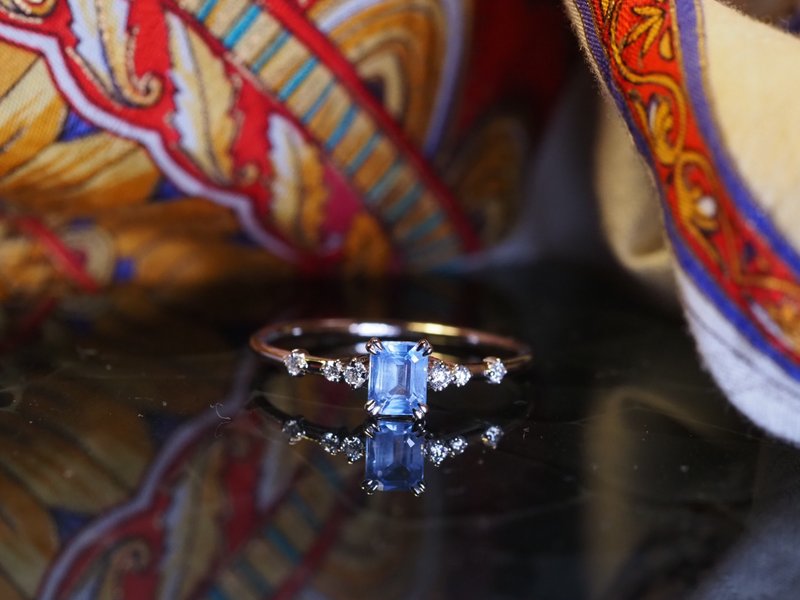Blue Sapphire Emerald Ring | 蓝宝石戒指 | 18K 白金 - 戒指 - 贵金属 银色