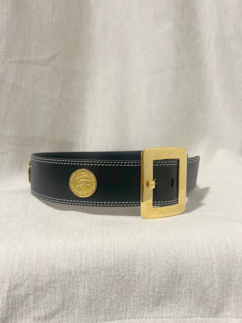 Celine稀有白色车线金球徽章深蓝色粗皮带腰带 日本中古Vintage - 皮带/腰带 - 真皮 蓝色