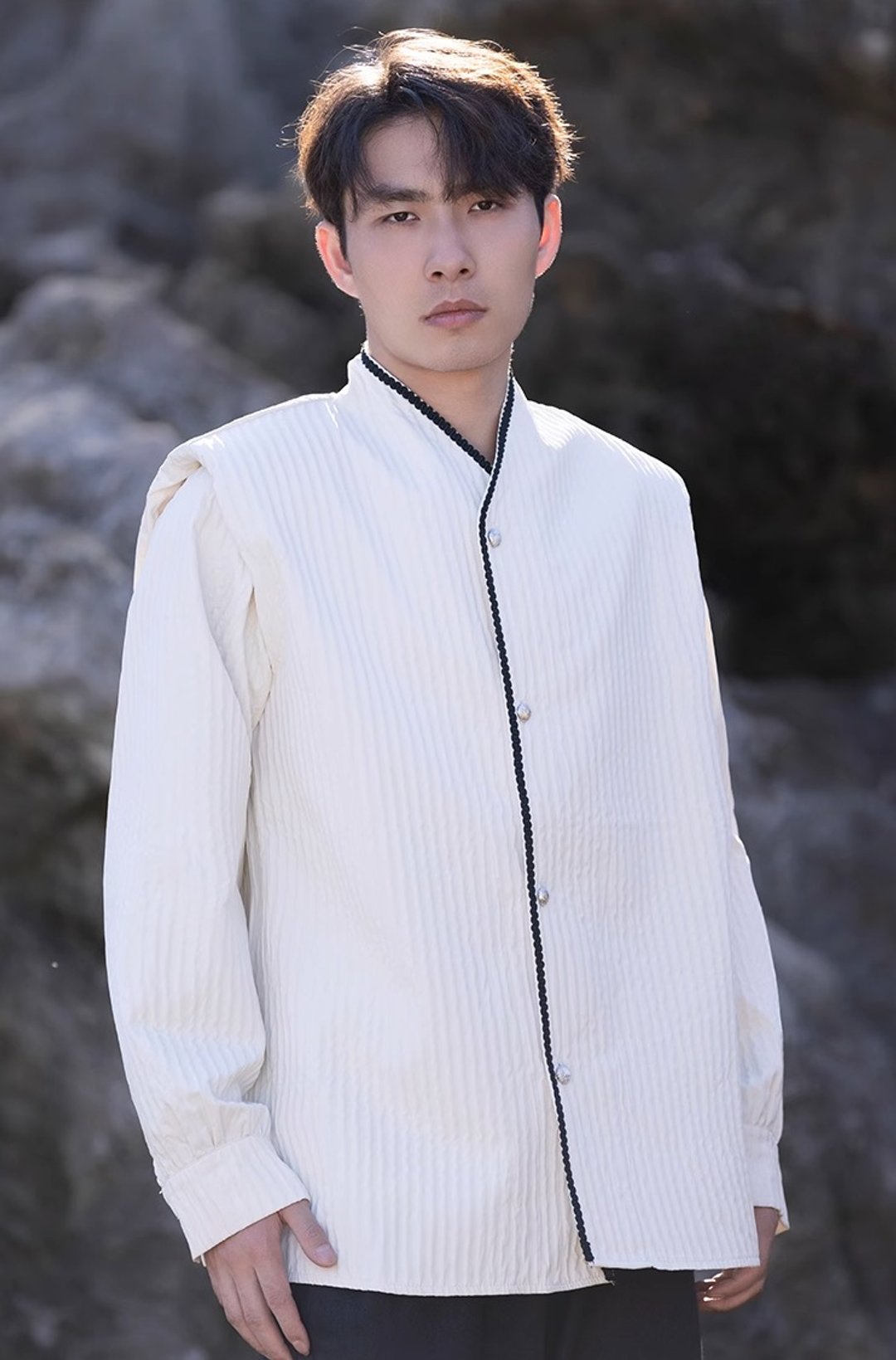 中式复古 肌理感汉服衬衫上衣 - 男装衬衫 - 其他材质 白色