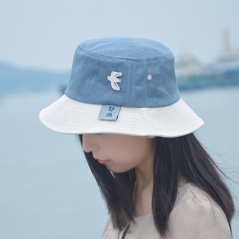 一起去郊游 丹宁牛仔渔夫帽 休闲户外防晒遮阳帽 清新文艺飞鸟 - 帽子 - 棉．麻 蓝色