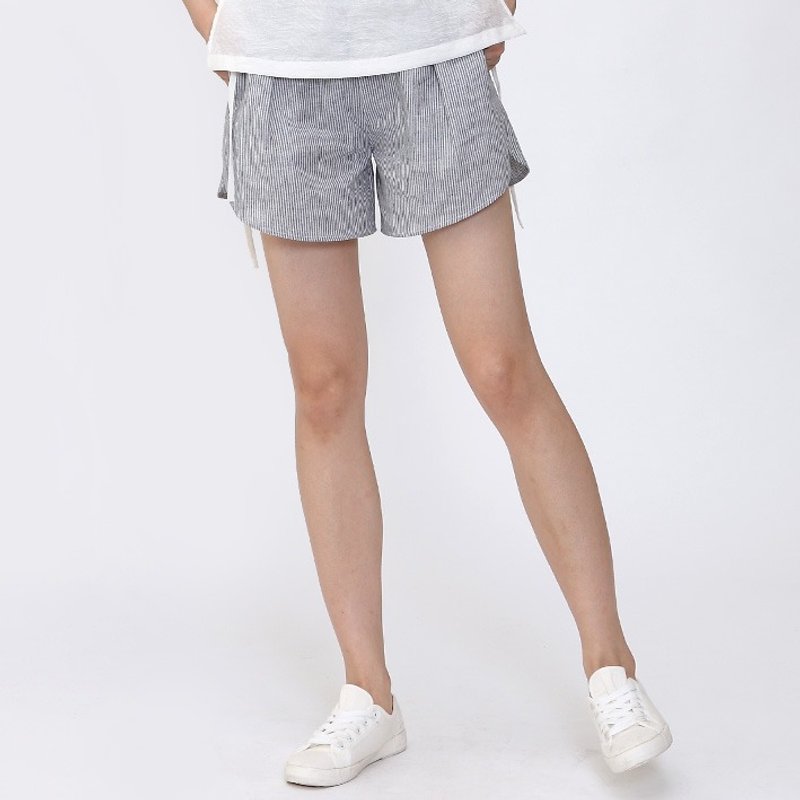 不服 圆弧角棉麻条纹中腰复古短裤  浅灰  P140606 - 女装长裤 - 棉．麻 灰色