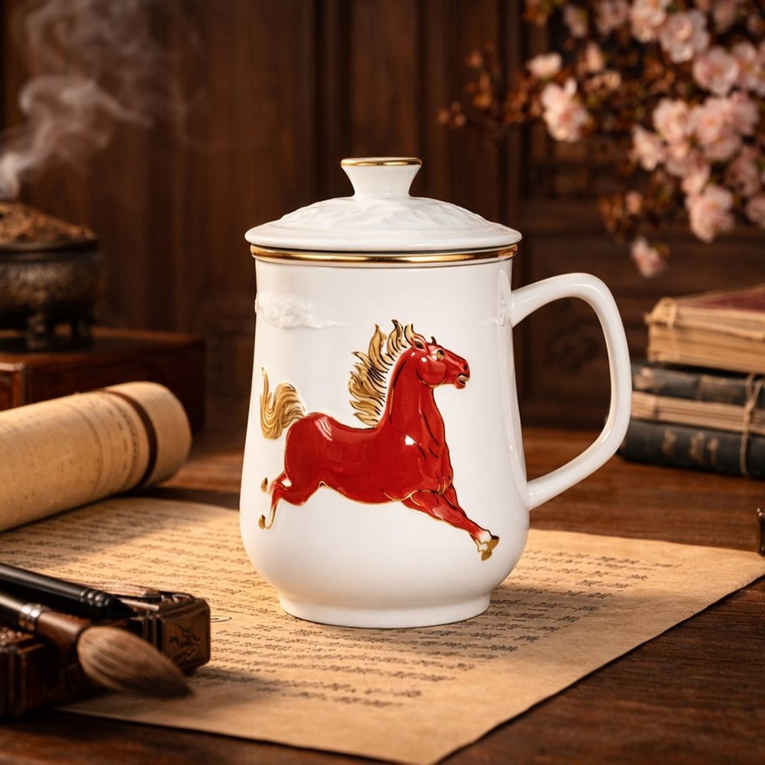 新品上市 | 天威宝马三件杯 / 附茶漏 / 牙白红彩金 460ml - 咖啡杯/马克杯 - 瓷 白色