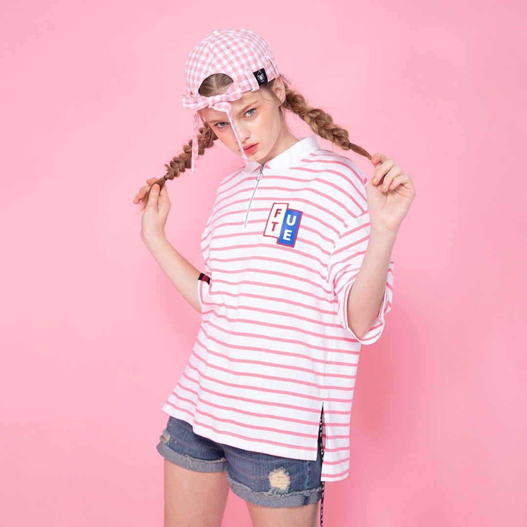 【中性款】 宽大条纹 Polo shirt / 白粉条纹 - 中性连帽卫衣/T 恤 - 棉 粉红色