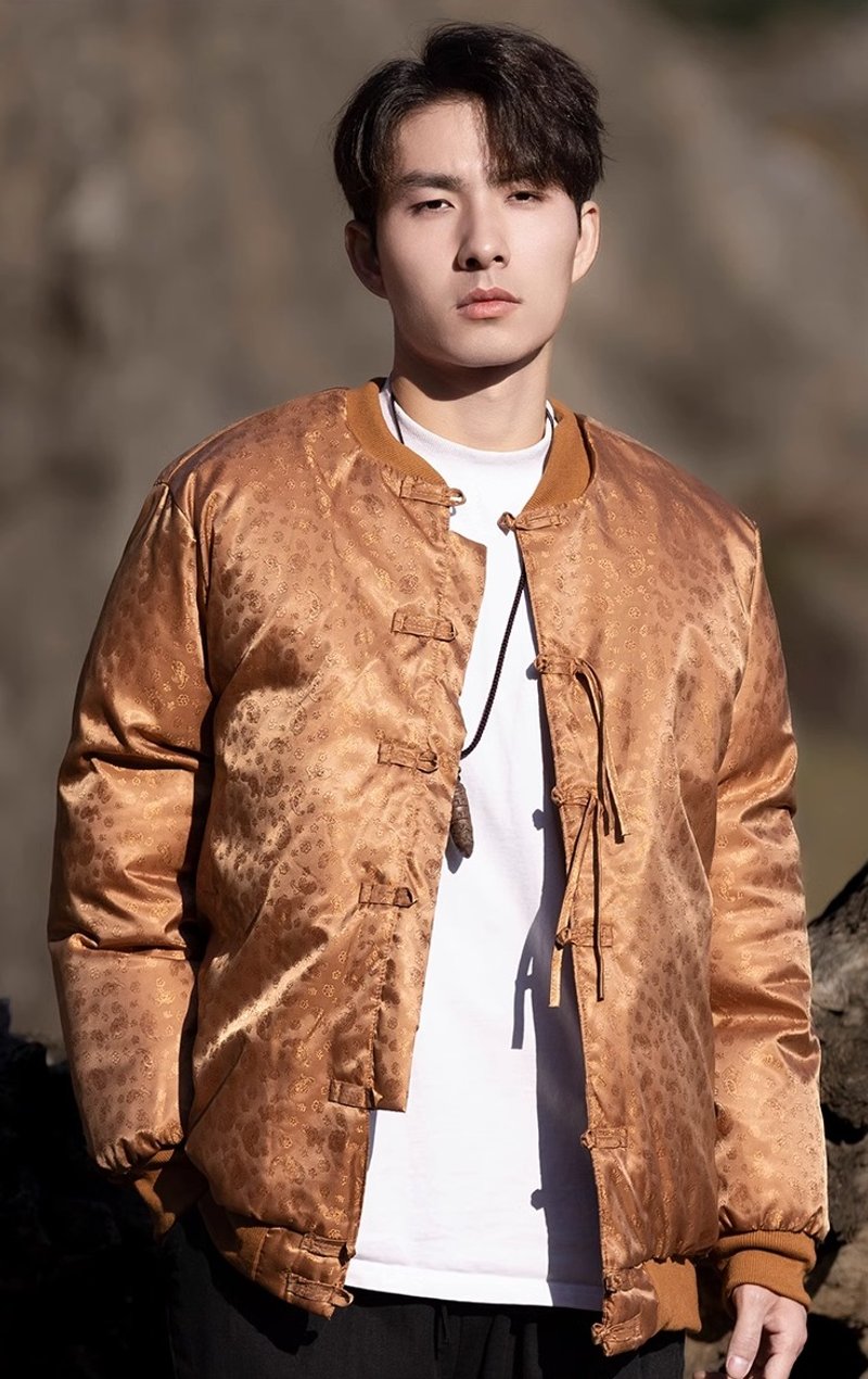 中式复古 立领盘扣唐装棉服 - 男装外套 - 其他材质 卡其色