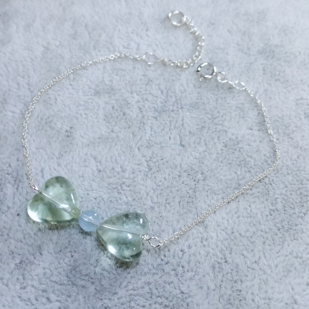 淡绿色心形萤石萤石 配海蓝宝 纯银手链Fourite 925 silver bracelet - 手链/手环 - 宝石 绿色