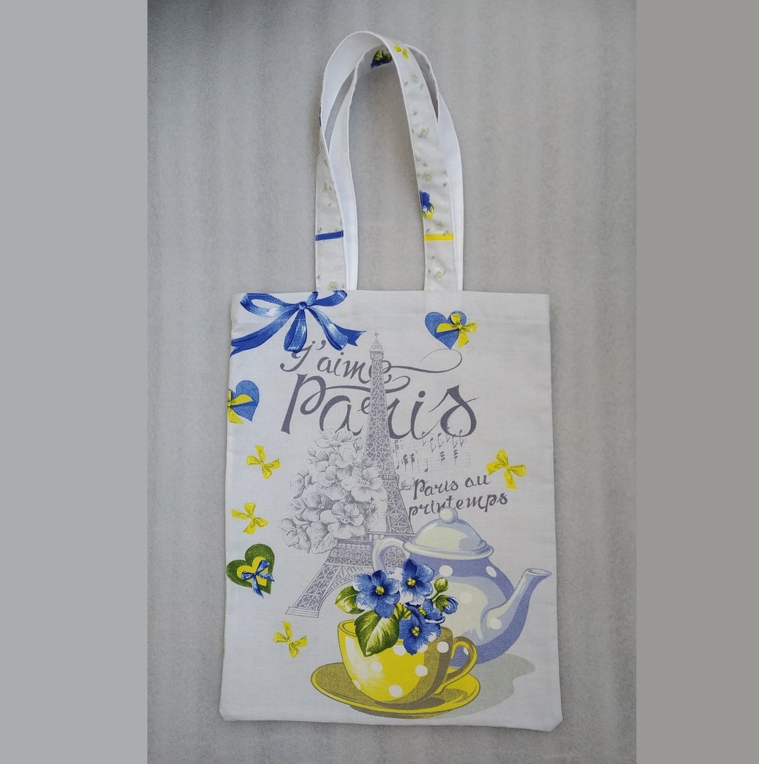 Strong reusable blue tote bag, eco friendly, cotton canvas soft bag with violets - 手提包/手提袋 - 棉 蓝色