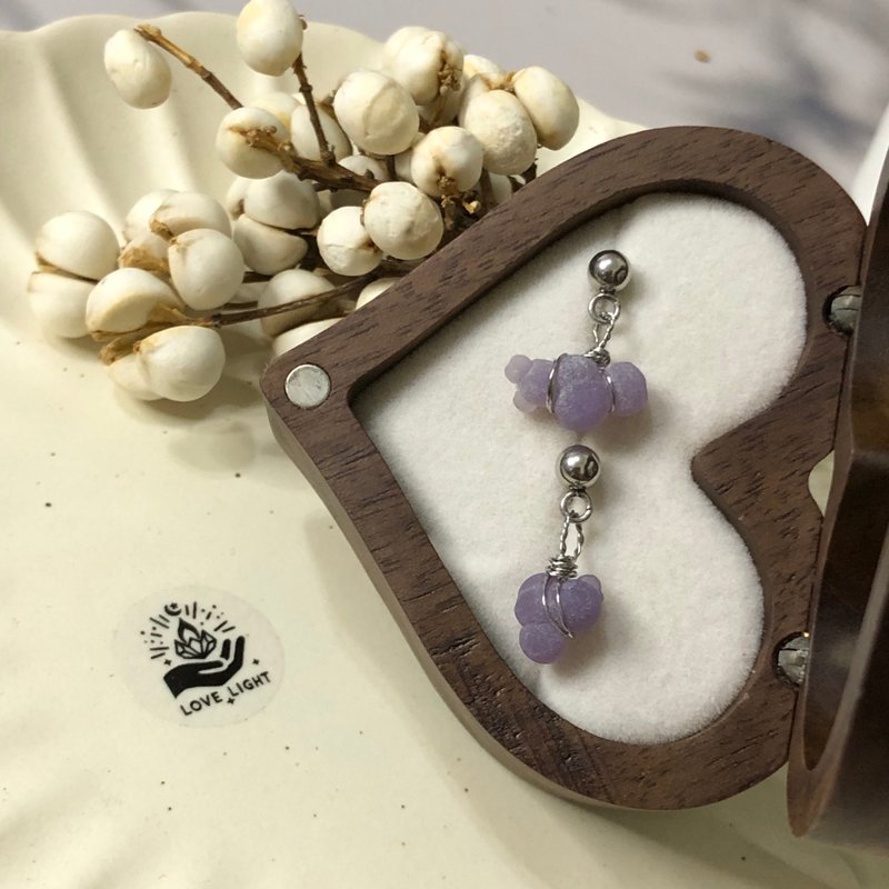 葡萄玛瑙耳环 葡萄玉髓 原矿手作耳钉 钢耳针 - 耳环/耳夹 - 不锈钢 紫色