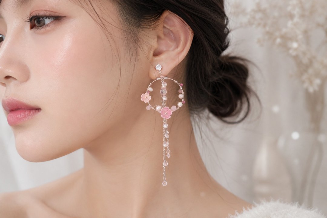 Light Pink Cherry Blossoms &amp; Crystals Drop 925 Silver Post Earrings - 耳环/耳夹 - 水晶 粉红色