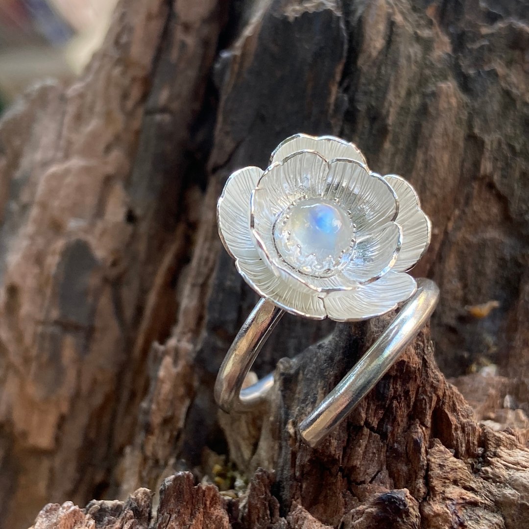 纯银 芍药花 月光石 戒指 S234 - 戒指 - 纯银 