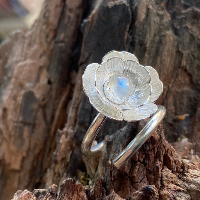 纯银 芍药花 月光石 戒指 S234 - 戒指 - 纯银 