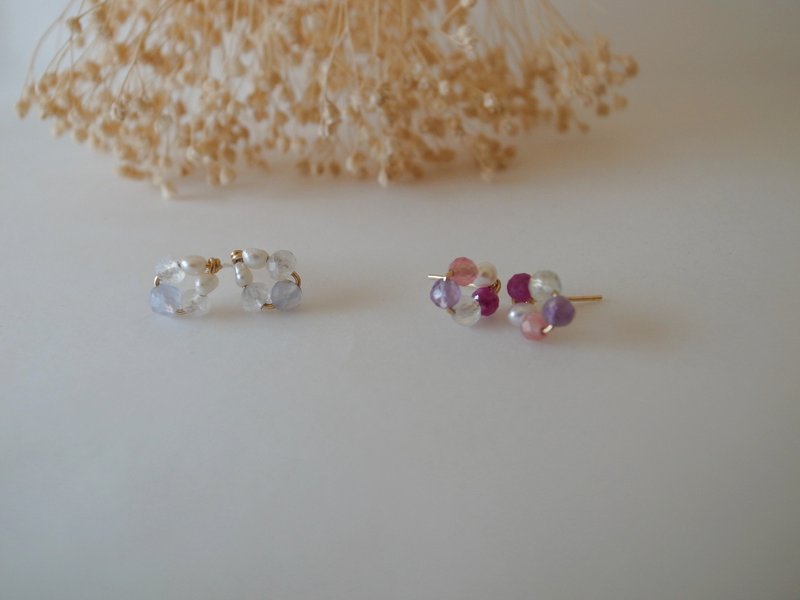 圣诞礼物【耳环 】 14K 注金 包金  彩色 小花  诞生石 - 耳环/耳夹 - 珍珠 白色