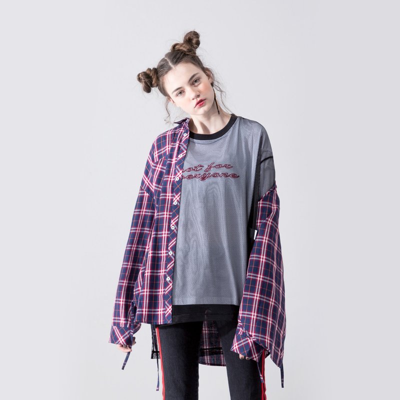 【中性款】 侧边绑带 长袖格纹衬衫 / 红蓝格 - 女装衬衫 - 棉．麻 紫色