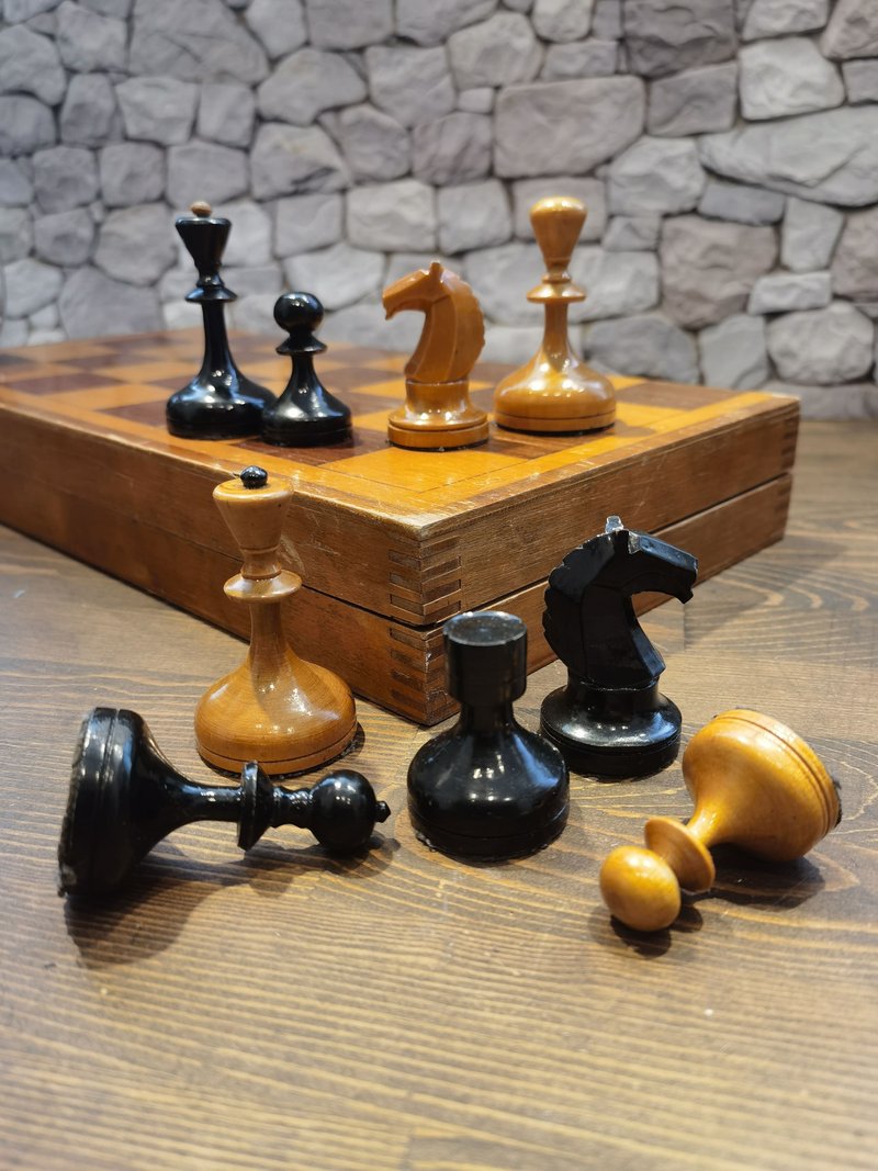 老木制国际象棋套装苏联复古老式大型国际象棋苏联俄罗斯象棋 1960 年代 - 桌游/玩具 - 木头 