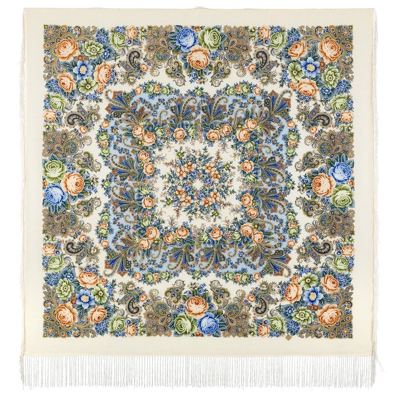 Pavlovo Posad 俄罗斯披肩 100% 羊毛围巾 125x125 厘米 蚕丝流苏 编号 1824-0 - 丝巾 - 羊毛 多色