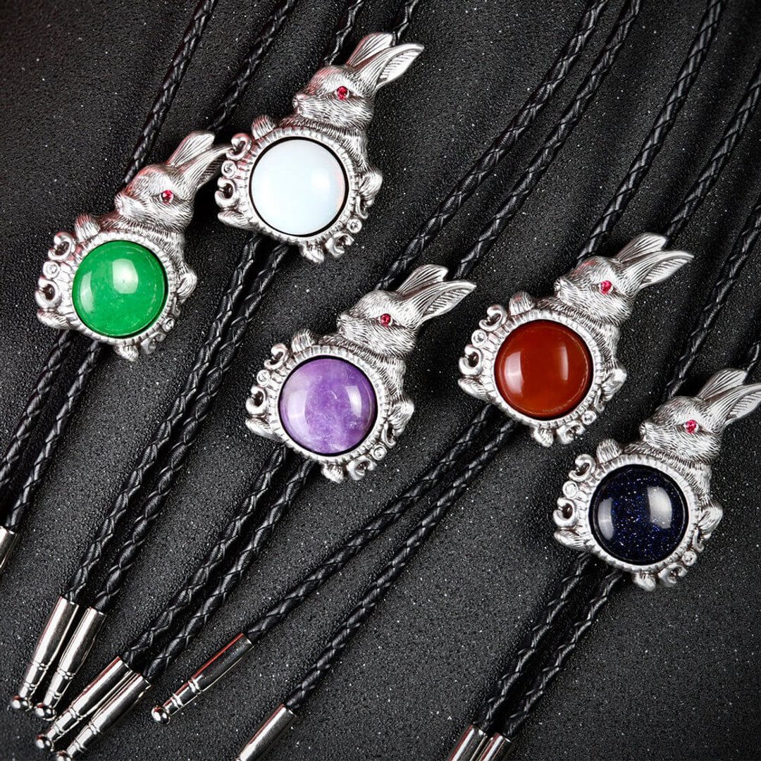 十二生肖 玉兔迎春 兔子 保罗领带 Bolo Tie 真皮皮革领绳 长项链 - 领带/领带夹 - 真皮 银色