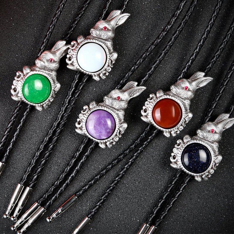 十二生肖 玉兔迎春 兔子 保罗领带 Bolo Tie 真皮皮革领绳 长项链 - 领带/领带夹 - 真皮 银色