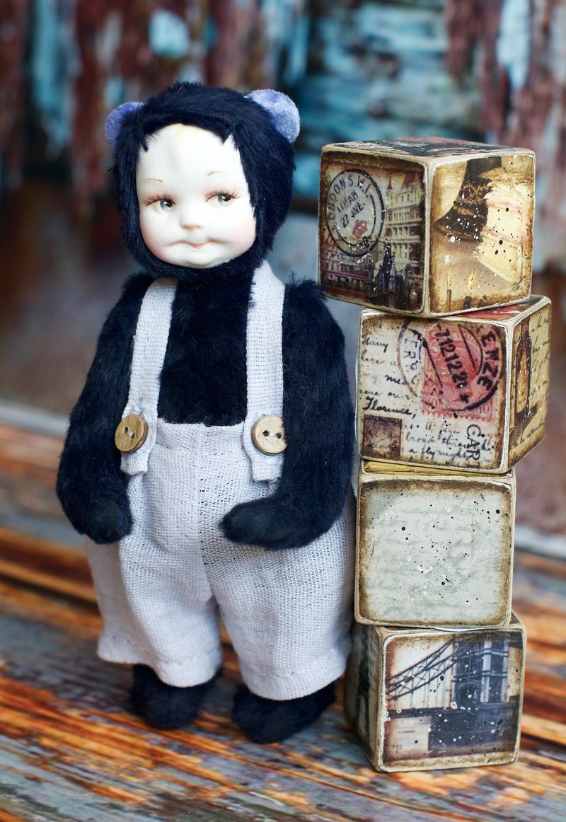 Baby bear teddy doll created with blue italian viscose with hand painted face - 玩偶/公仔 - 其他材质 蓝色