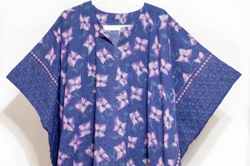 木刻印纯棉洋装 印度棉有机棉连身裙罩衫 手工盖印蝴蝶装-紫鸢尾 - 洋装/连衣裙 - 棉．麻 多色