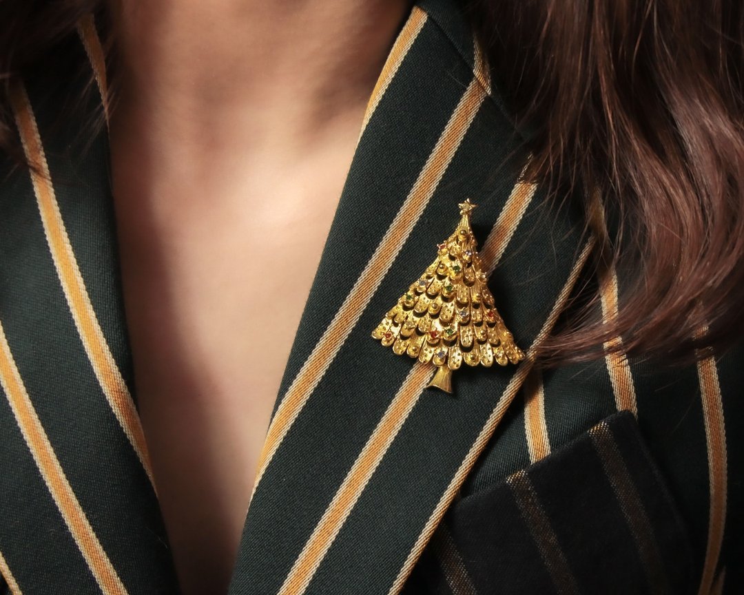 美国Jonette Jewelry品牌古董 金色立体镂空圣诞树镶彩钻胸针 - 胸针 - 其他金属 金色