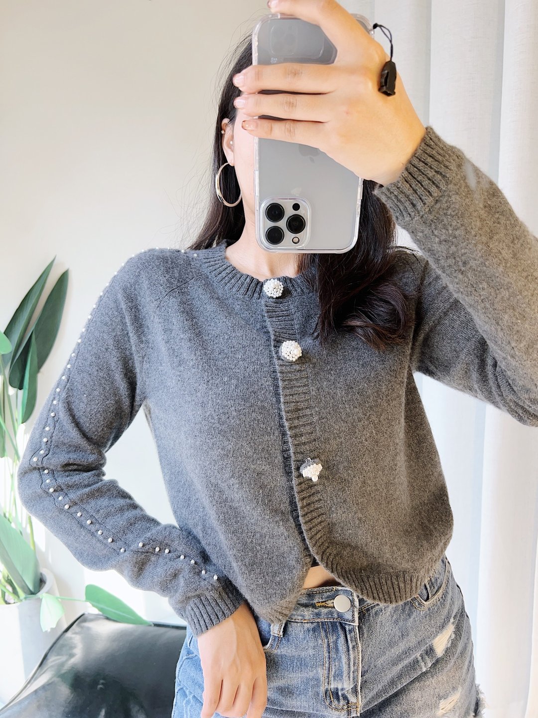 鼠灰手缝珍珠扣短开襟外套 古董羊绒羊毛衣毛衫cashmere sweater - 女装针织衫/毛衣 - 羊毛 灰色