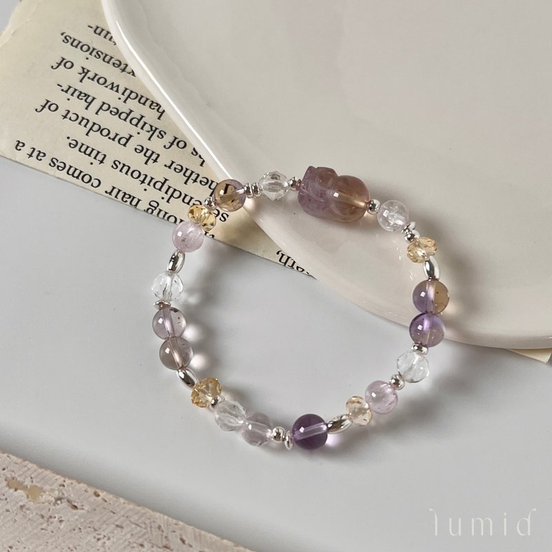 紫黄晶貔貅 紫锂辉 黄水晶 白水晶 / 天然水晶手链 定制化礼物 - 手链/手环 - 水晶 紫色