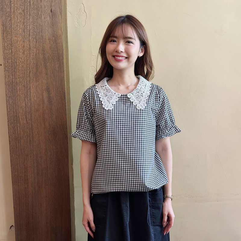Hana Mokuba 镂空蕾丝立领格纹绑带收口上衣 - 女装上衣 - 其他材质 
