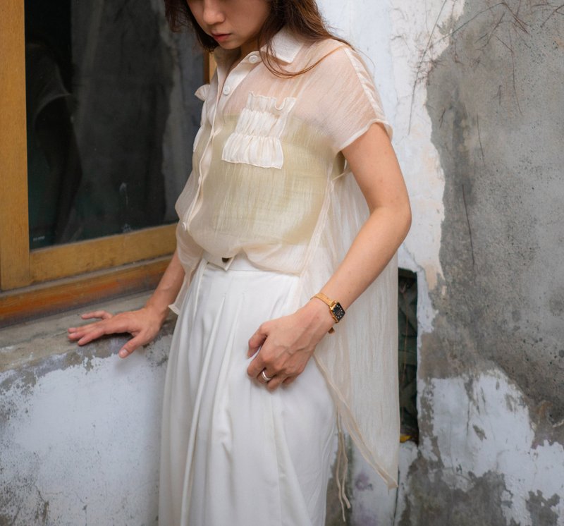 透肤落肩口袋衬 // 香槟 - 女装上衣 - 聚酯纤维 白色