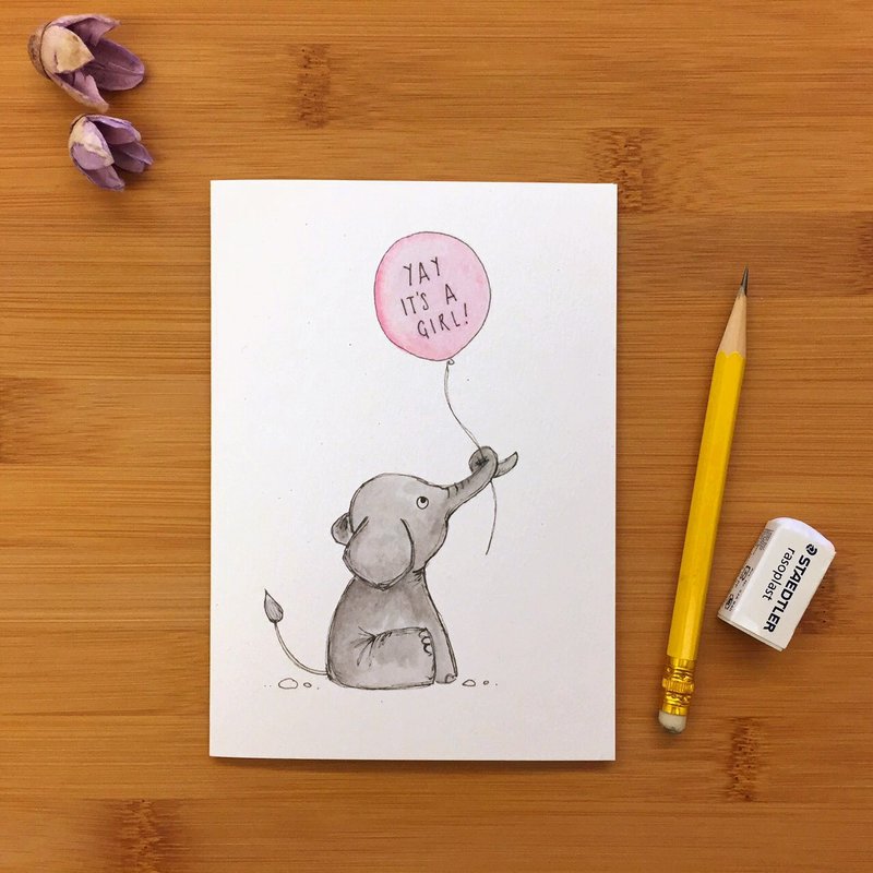 【LITTLE DIFFERENCE】新生儿贺卡 大象 气球 万用卡 手绘插画 环保纸材 英国进口卡片 030 - 卡片/明信片 - 纸 多色