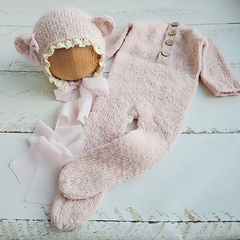 熊新生儿粗花帽、连身衣、服装、枕头/摄影道具 - 婴儿饰品 - 羊毛 粉红色
