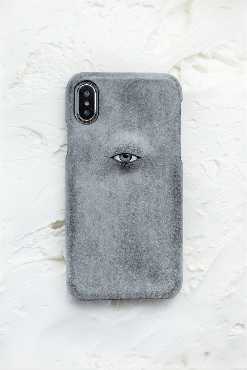 煙霧黑 眼珠題材 手工真皮iPhone手機殼 保護套 意大利植鞣牛皮 - 手机壳/手机套 - 真皮 灰色