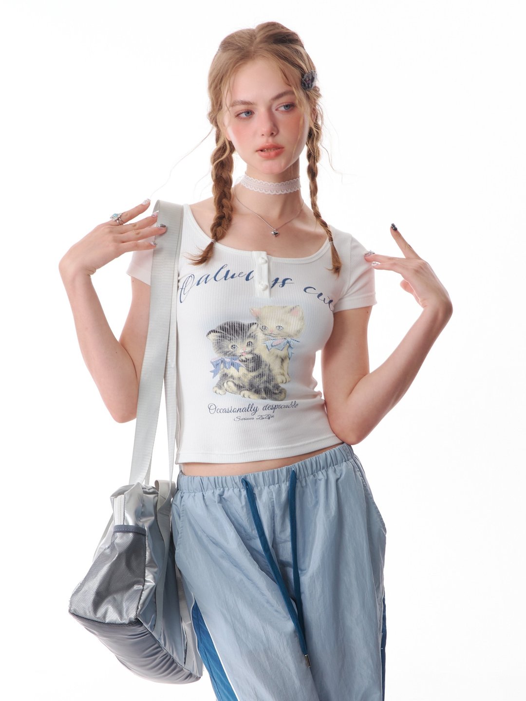 ziziFei夏季新款美式复古半袖修身显瘦正肩上衣猫咪印花短袖T恤女 - 女装 T 恤 - 其他材质 