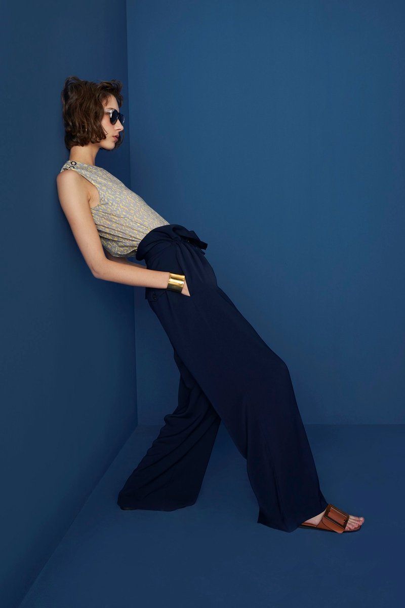 立體剪裁闊腿褲 | 藏青 - 女装长裤 - 聚酯纤维 蓝色