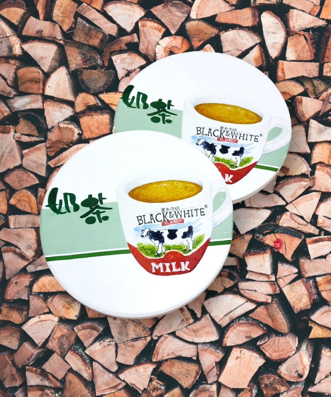 原创 手绘水彩黑白奶茶 陶瓷杯垫 - 杯垫 - 陶 白色