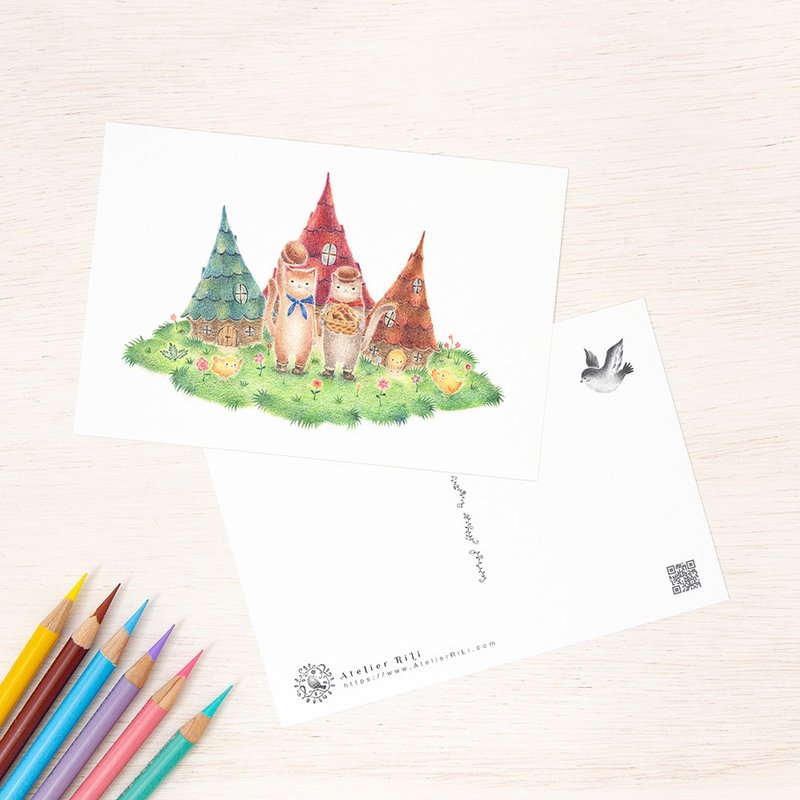 5枚セット。絵本のような。ポストカード "ドッチとニーノ、ひよこたちの村" PC-72 - 卡片/明信片 - 纸 红色