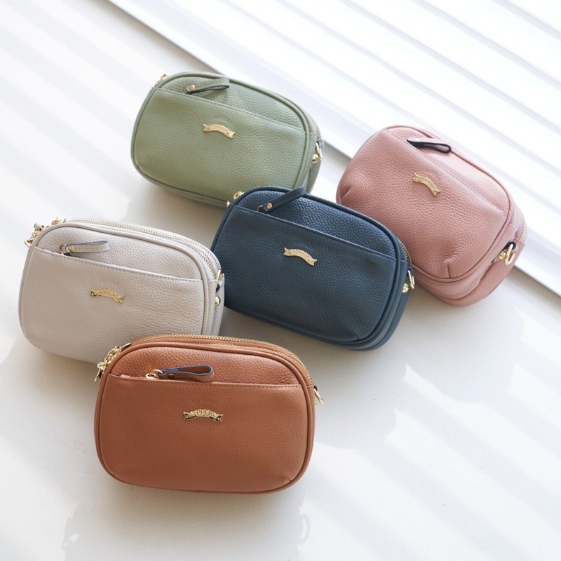 WISH 牛皮夹心斜背包 - 玫瑰粉/咖啡棕/藏蓝色/豆绿色/象牙灰 - 侧背包/斜挎包 - 真皮 多色