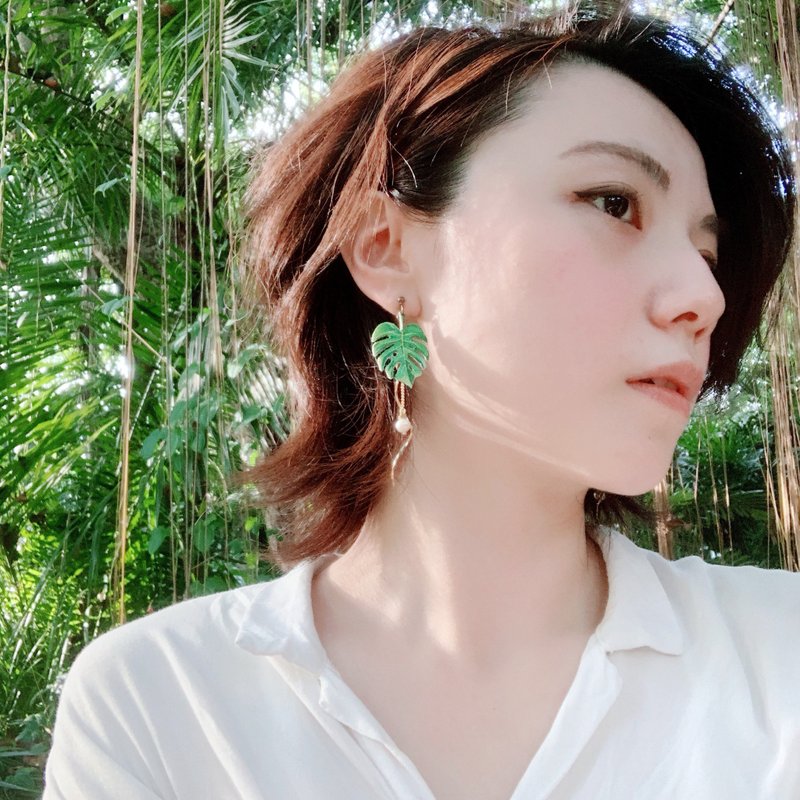 耳环 龟背芋 电信兰 刺绣 耳夹 手工 珍珠 礼物 礼盒 - 耳环/耳夹 - 绣线 绿色