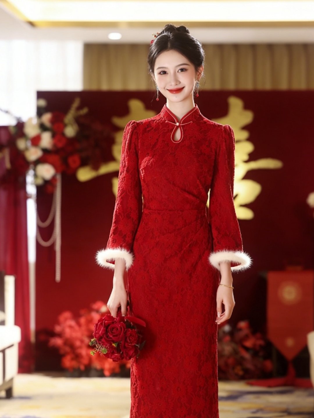 朱櫻 朱紅色改良旗袍敬酒服 秋冬加厚新中式洋裝 復古婚禮連身裙 - 旗袍 - 聚酯纤维 红色