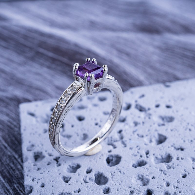 方形魅力 紫水晶 SV925 戒指 可刻印・纪念日礼物 S-106 - 戒指 - 其他金属 银色