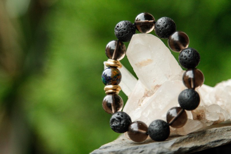 【手环系列】12mm火山岩+茶晶+蓝铜矿手环 (欢迎定制) - 手链/手环 - 宝石 多色