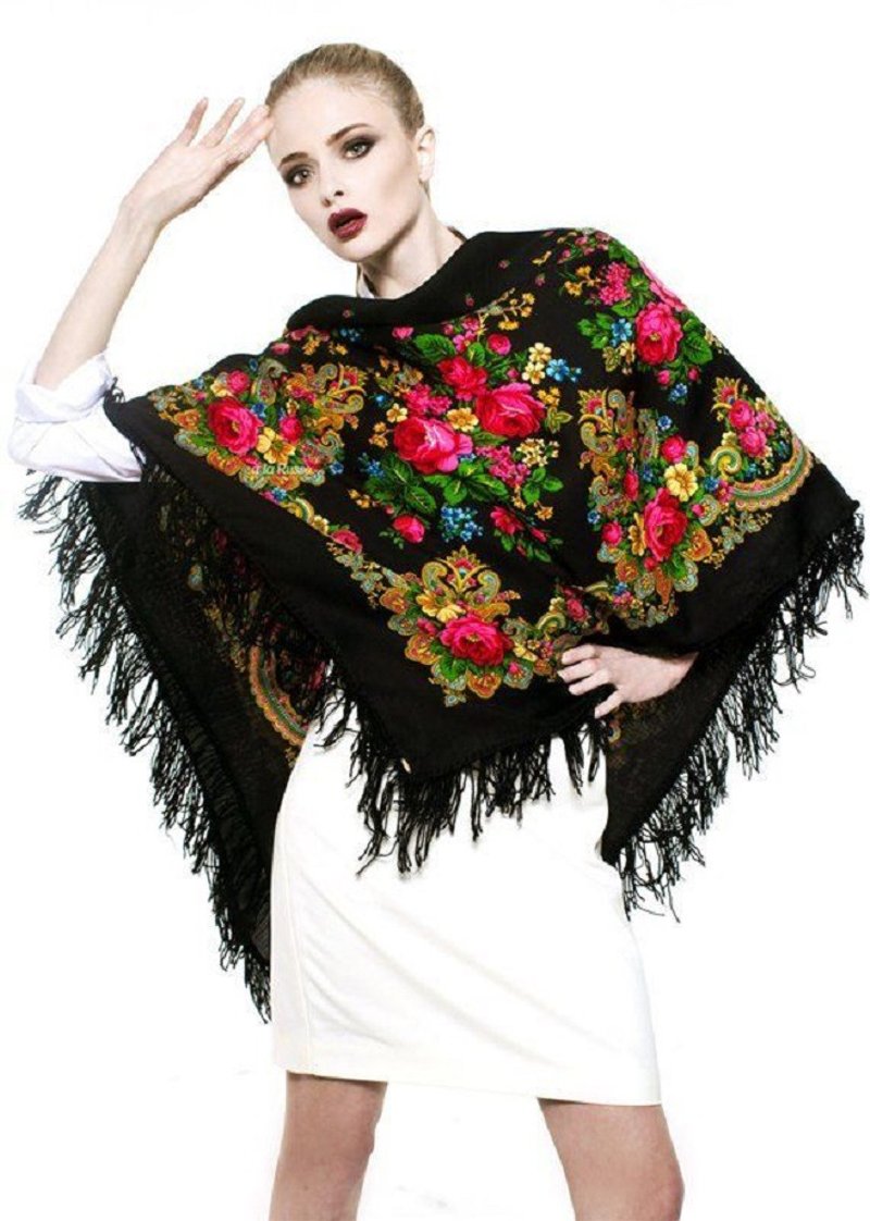 帕夫洛沃帕萨德俄罗斯披肩 100% 羊毛丝巾 125 厘米，羊毛流苏披肩 1219-18 - 丝巾 - 羊毛 多色