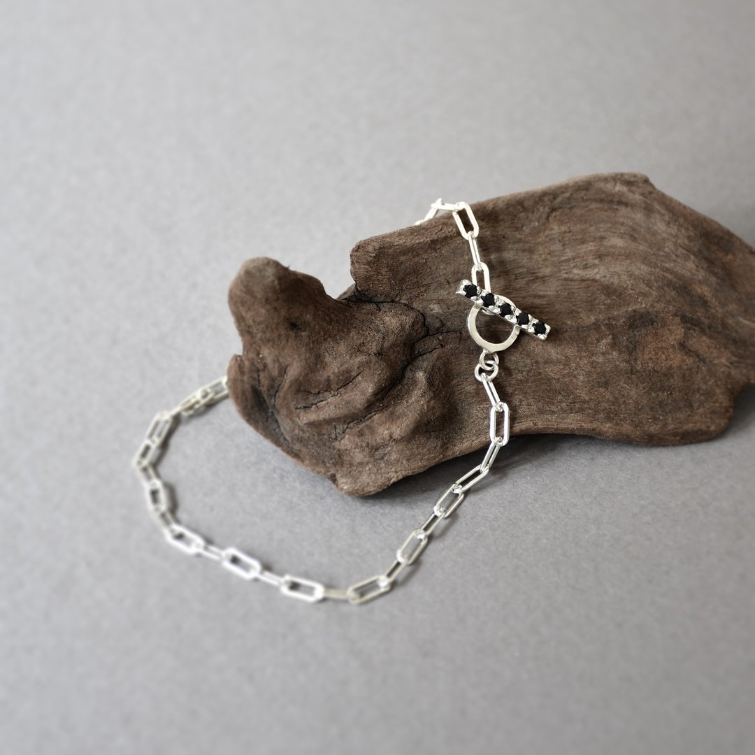 简约粗银链925银配黑尖晶石圈扣手链 //Sterling Silver Bracelet - 手链/手环 - 银 银色
