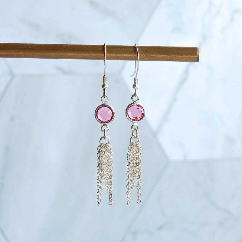 奥地利粉红水晶环 坠吊手工纯银耳环 礼物订制 - 耳环/耳夹 - 宝石 粉红色