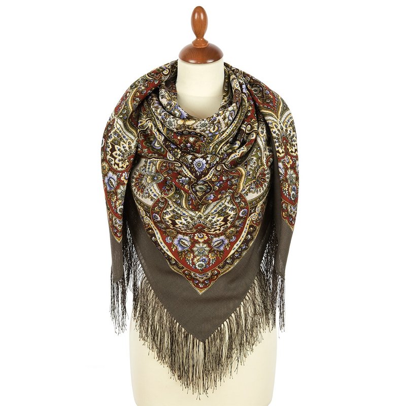 Pavlovo Posad 俄罗斯围巾 100% 羊毛 披肩 125x125 厘米 丝绸流苏 款式 1918-16 - 丝巾 - 羊毛 咖啡色